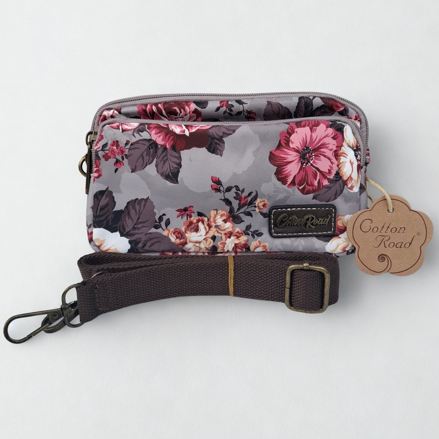 Cotton Road Sling Bag: BROWN GREY Canvas Mini Sling Bag with FLOWERS