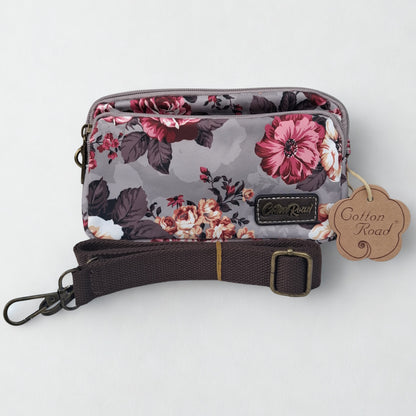Cotton Road Sling Bag: BROWN GREY Canvas Mini Sling Bag with FLOWERS