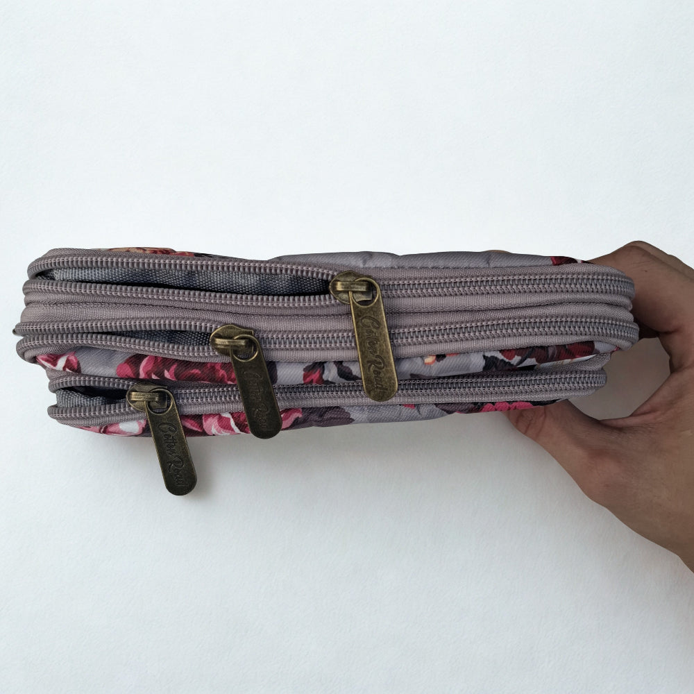 Cotton Road Sling Bag: BROWN GREY Canvas Mini Sling Bag with FLOWERS