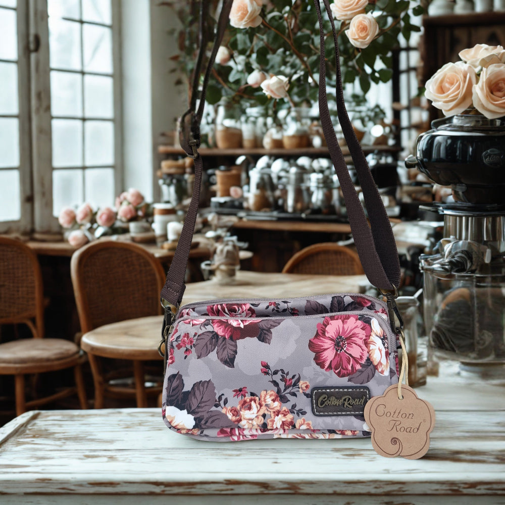 Cotton Road Sling Bag: BROWN GREY Canvas Mini Sling Bag with FLOWERS