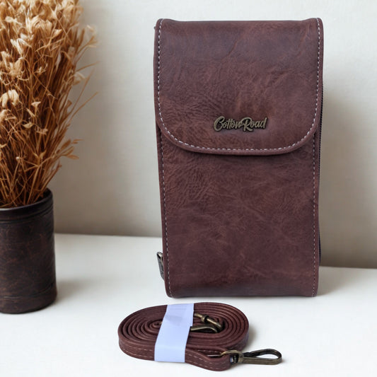 Cotton Road Sling Bag: BROWN PU Leather Mini Sling Bag