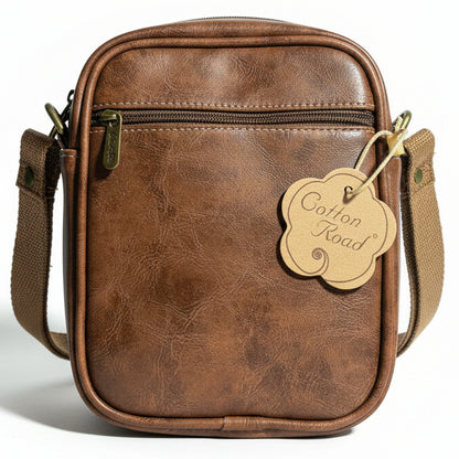 Cotton Road Sling Bag: BROWN PU Leather Sling Bag with Brass Branding BACK VIEW
