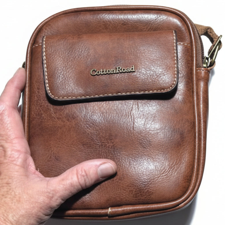 Cotton Road Sling Bag: BROWN PU Leather Sling Bag with Brass Branding IN HAND