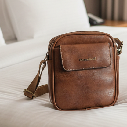 Cotton Road Sling Bag: BROWN PU Leather Sling Bag with Brass Branding