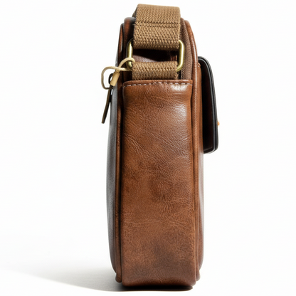 Cotton Road Sling Bag: BROWN PU Leather Sling Bag with Brass Branding SIDE VIEW