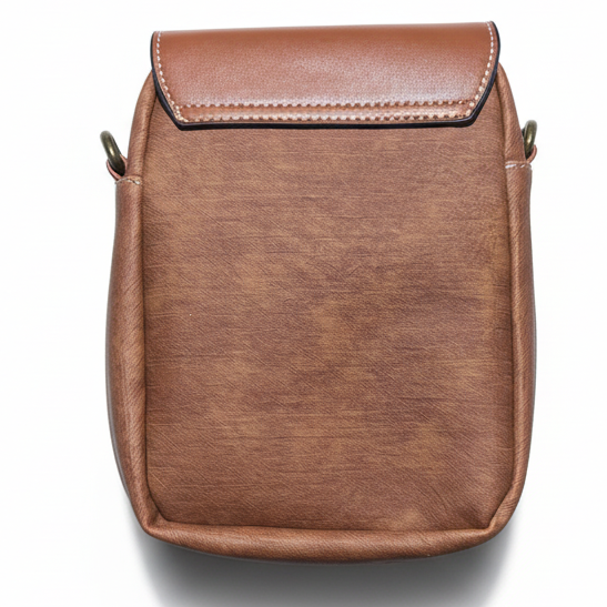 Cotton Road Sling Bag: BROWN PU Leather Sling Bag with Closure Clip BACK