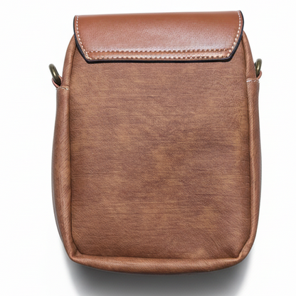 Cotton Road Sling Bag: BROWN PU Leather Sling Bag with Closure Clip BACK