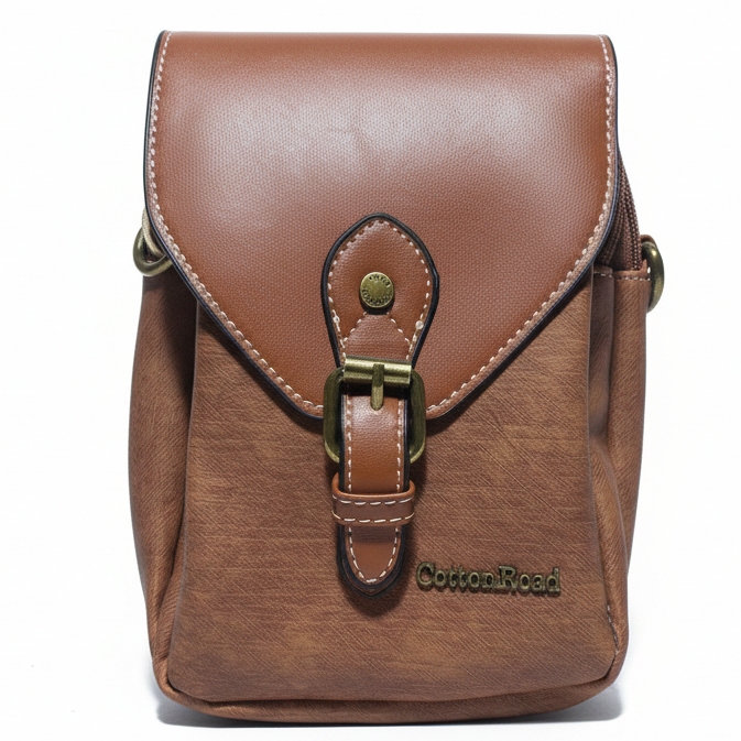 Cotton Road Sling Bag: BROWN PU Leather Sling Bag with Closure Clip FRONT