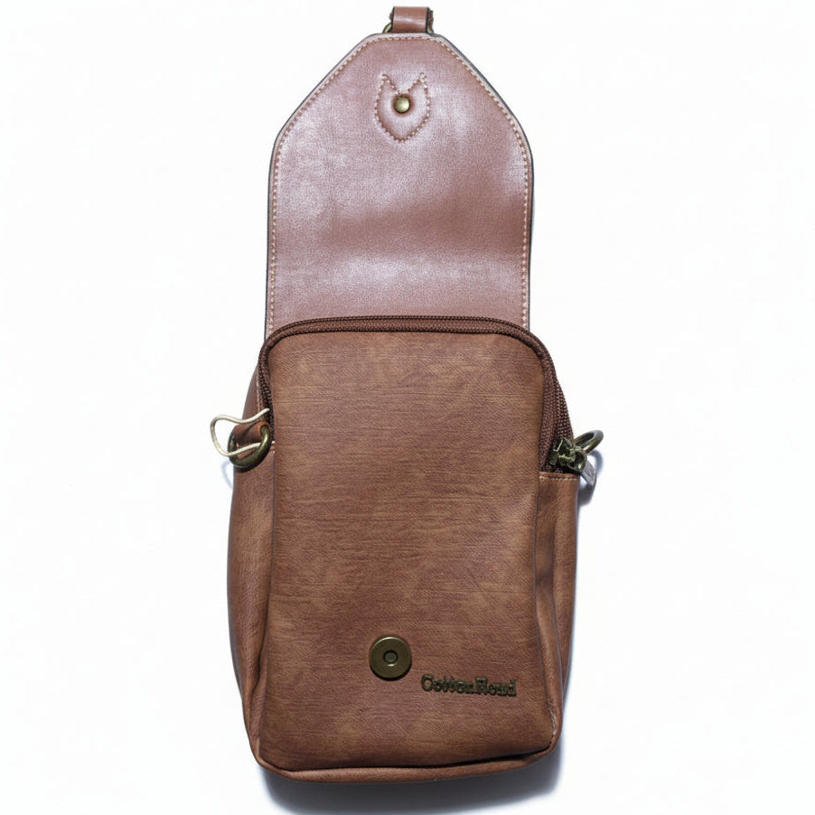 Cotton Road Sling Bag: BROWN PU Leather Sling Bag with Closure Clip FLAP OPEN