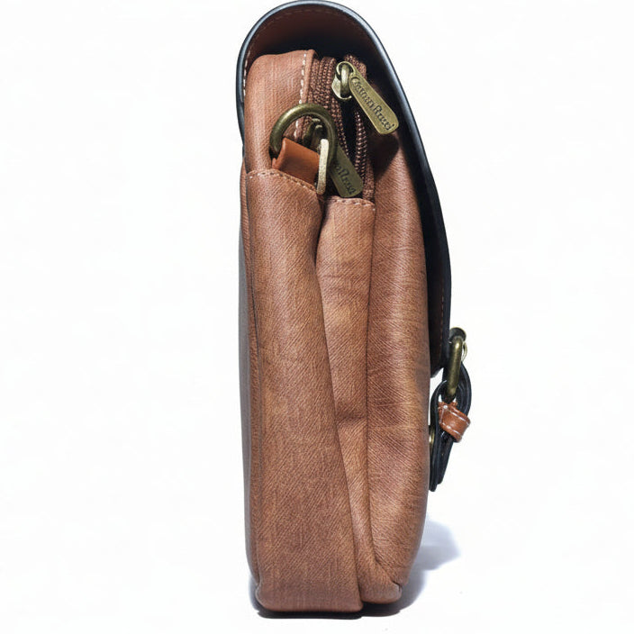 Cotton Road Sling Bag: BROWN PU Leather Sling Bag with Closure Clip SIDE