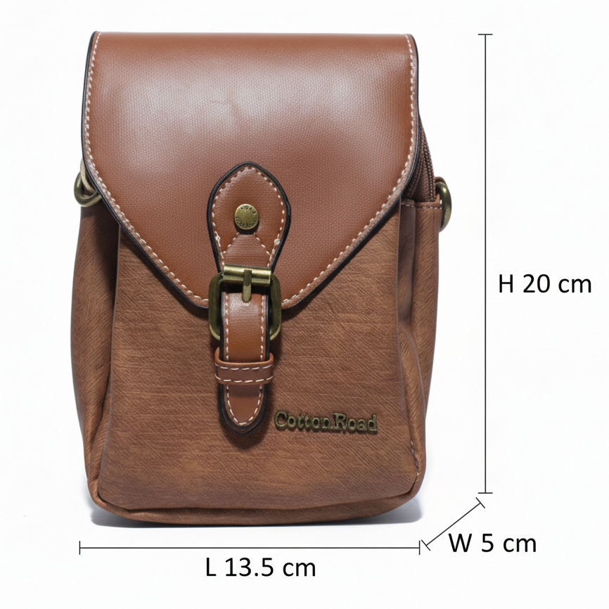 Cotton Road Sling Bag: BROWN PU Leather Sling Bag with Closure Clip SIZED