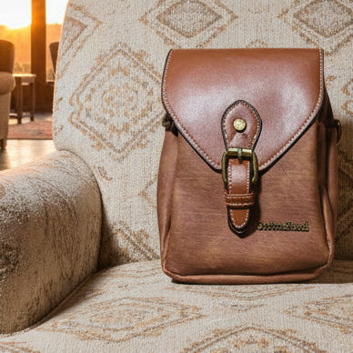Cotton Road Sling Bag: BROWN PU Leather Sling Bag with Closure Clip
