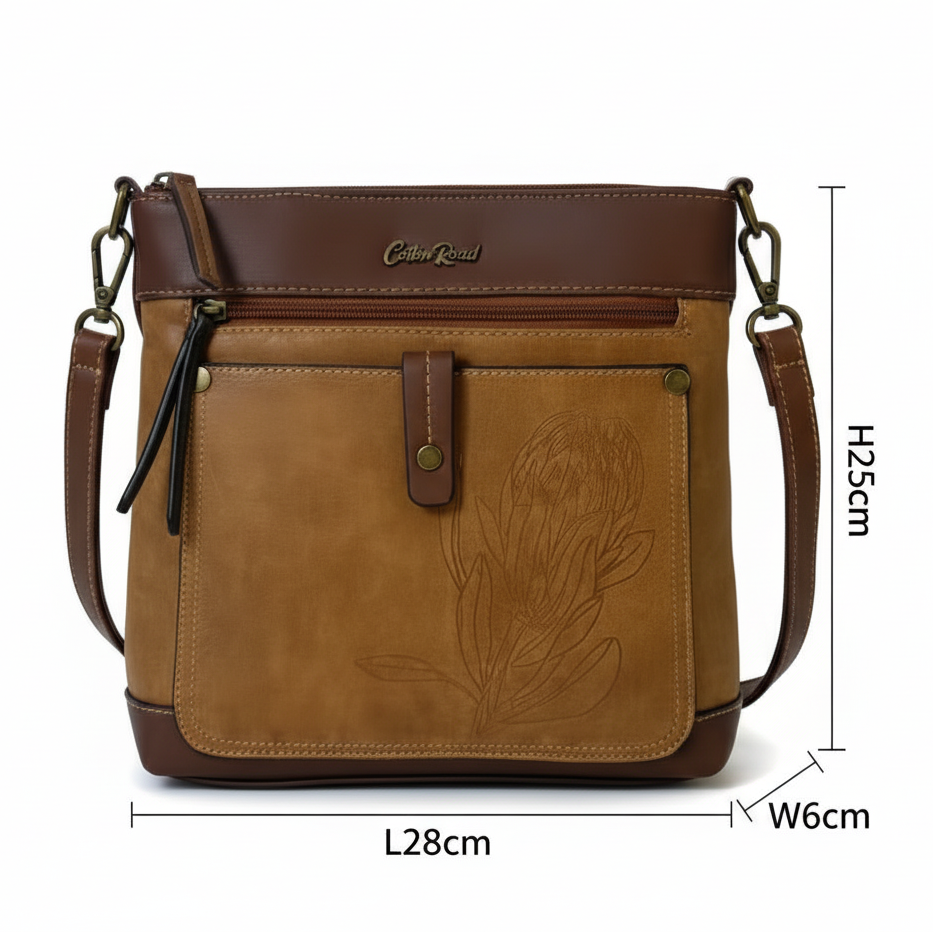 Cotton Road Sling Bag: BROWN PU Leather Sling Bag with Embossed Protea SIZED