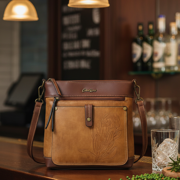 Cotton Road Sling Bag: BROWN PU Leather Sling Bag with Embossed Protea LIFESTYLE