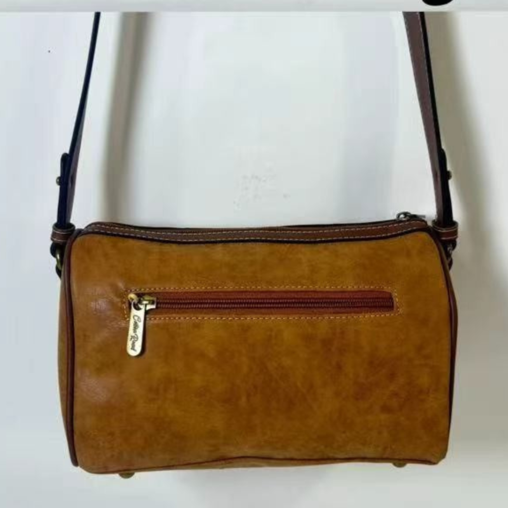 Cotton Road Sling Bag: BROWN PU Leather Sling Bag with Protea detailing and BRANDED Strap
