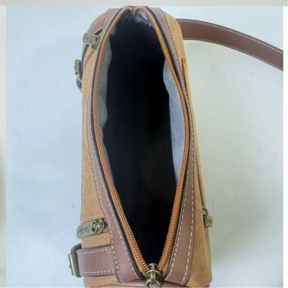 Cotton Road Sling Bag: BROWN PU Leather Sling Bag with Protea detailing and BRANDED Strap