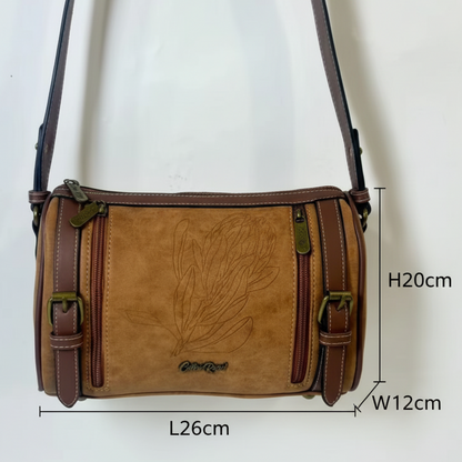 Cotton Road Sling Bag: BROWN PU Leather Sling Bag with Protea detailing and BRANDED Strap