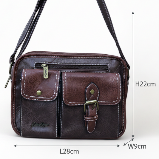 Cotton Road Sling Bag: BROWN PU Leather with Buckle detailing SIZE