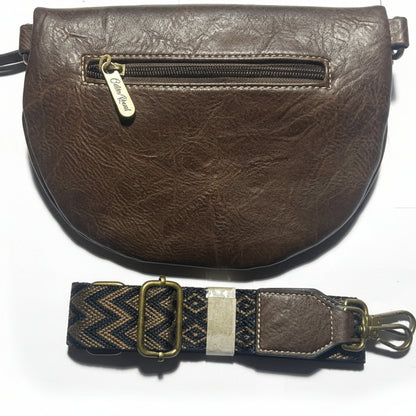 COTTON ROAD SLING BAG: COFFEE BROWN PU Leather Crossbody Bag with woven strap BACK