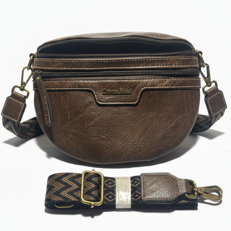 COTTON ROAD SLING BAG: COFFEE BROWN PU Leather Crossbody Bag with woven strap FRONT