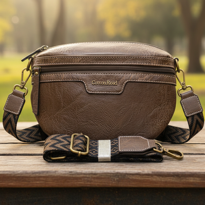 COTTON ROAD SLING BAG: COFFEE BROWN PU Leather Crossbody Bag with woven strap