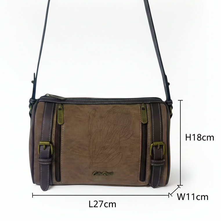 Cotton Road Sling Bag: COFFEE BROWN PU Leather Sling Bag with Protea detail
