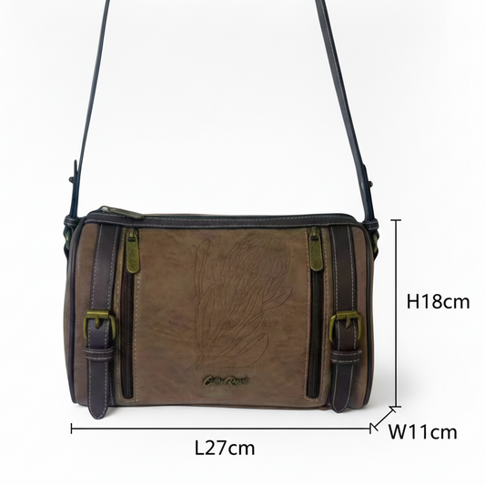 Cotton Road Sling Bag: COFFEE BROWN PU Leather Sling Bag with Protea detail