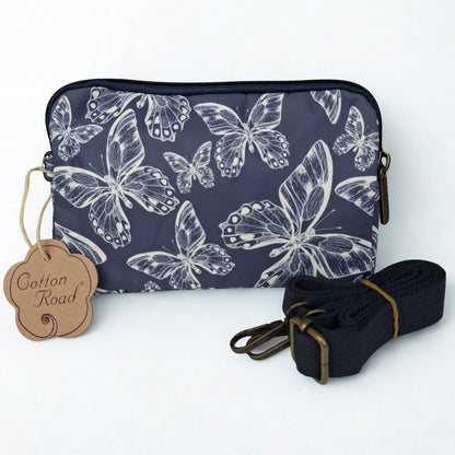 Cotton Road Sling Bag: DARK BLUE Canvas Mini Sling Bag with BUTTERFLY MOTIF