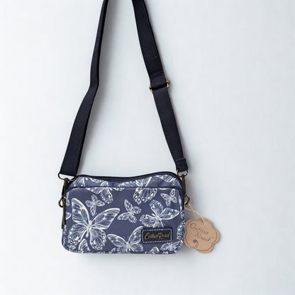 Cotton Road Sling Bag: DARK BLUE Canvas Mini Sling Bag with BUTTERFLY MOTIF