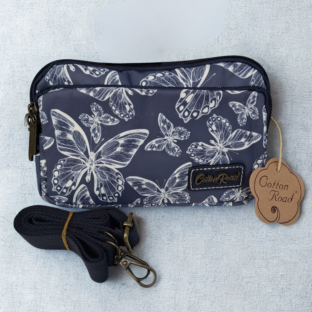 Cotton Road Sling Bag: DARK BLUE Canvas Mini Sling Bag with BUTTERFLY MOTIF