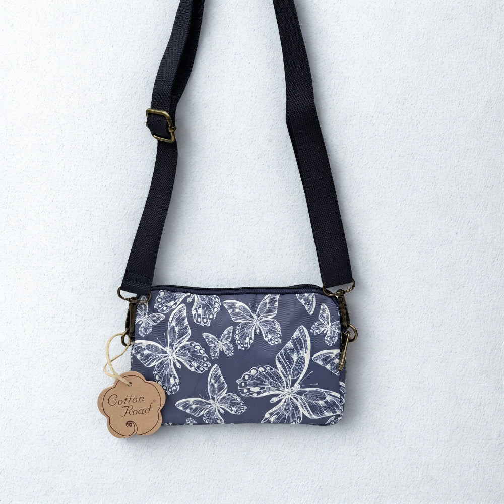 Cotton Road Sling Bag: DARK BLUE Canvas Mini Sling Bag with BUTTERFLY MOTIF