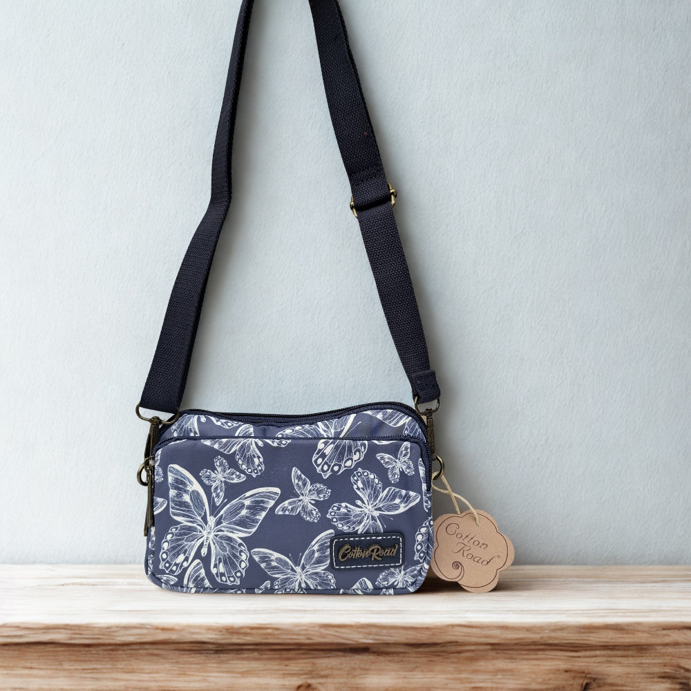 Cotton Road Sling Bag: DARK BLUE Canvas Mini Sling Bag with BUTTERFLY MOTIF