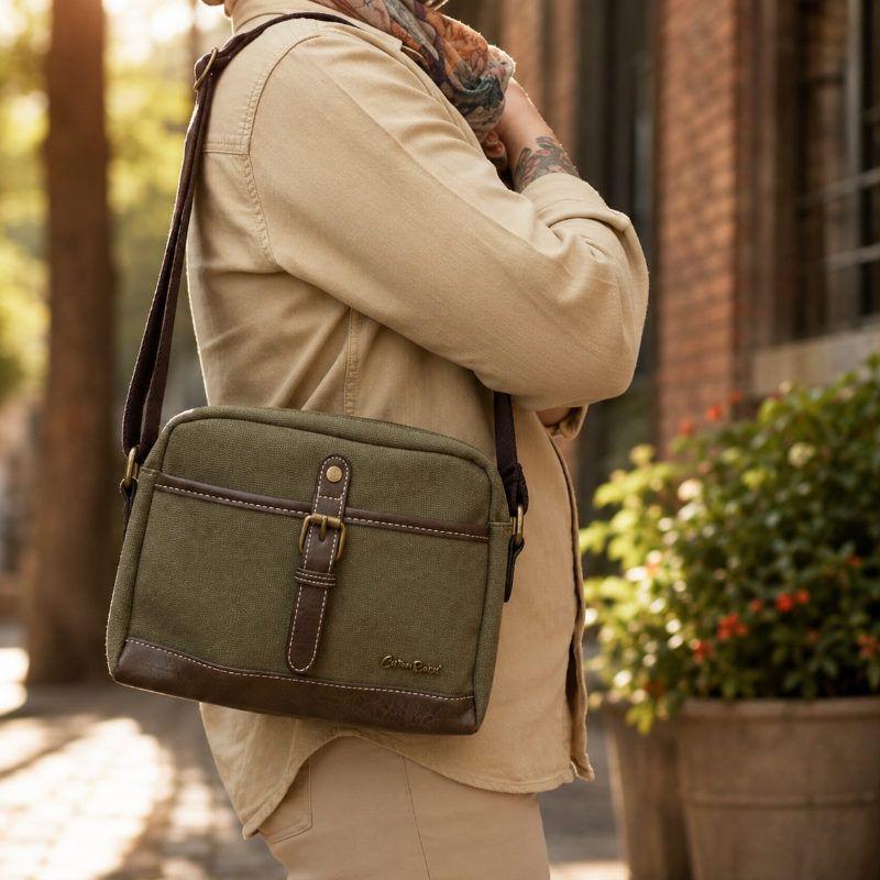 Cotton Road Sling Bag Green Canvas with PU Leather trim with brown adjustable strap on a female model in a suburban landscape background 