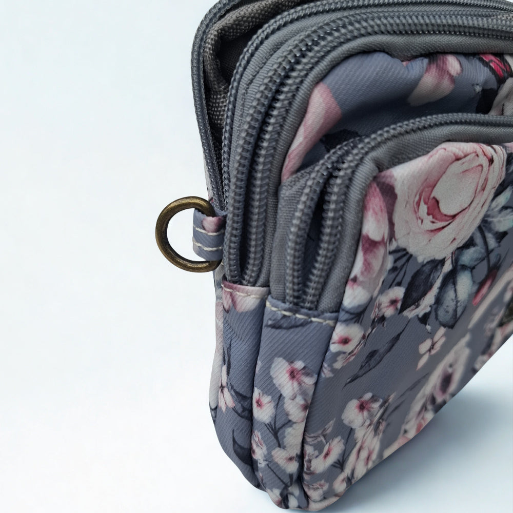 Cotton Road Sling Bag: GREY Canvas Mini Sling Bag with FLOWERS