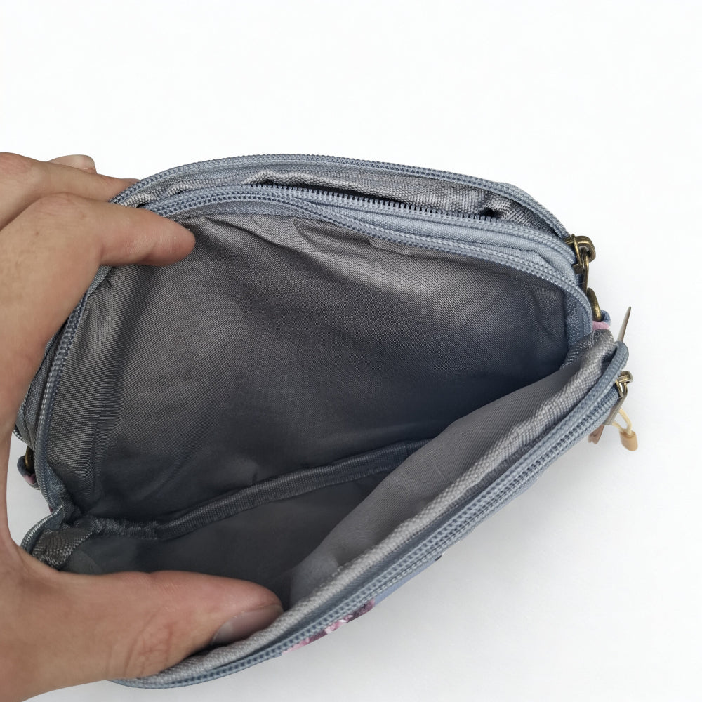 Cotton Road Sling Bag: GREY Canvas Mini Sling Bag with FLOWERS