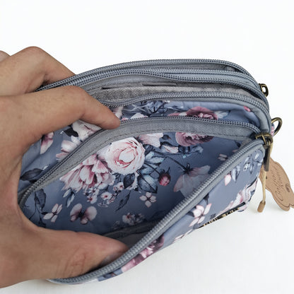 Cotton Road Sling Bag: GREY Canvas Mini Sling Bag with FLOWERS