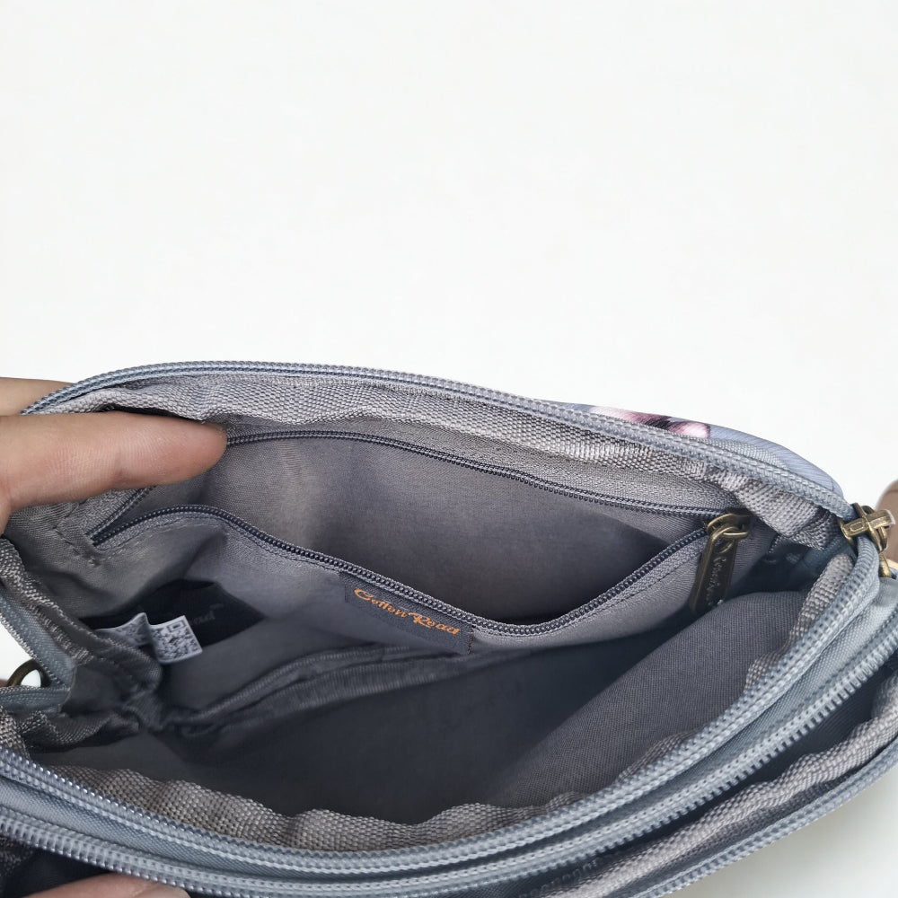 Cotton Road Sling Bag: GREY Canvas Mini Sling Bag with FLOWERS