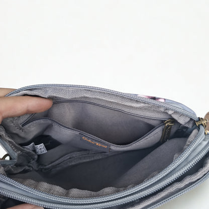 Cotton Road Sling Bag: GREY Canvas Mini Sling Bag with FLOWERS