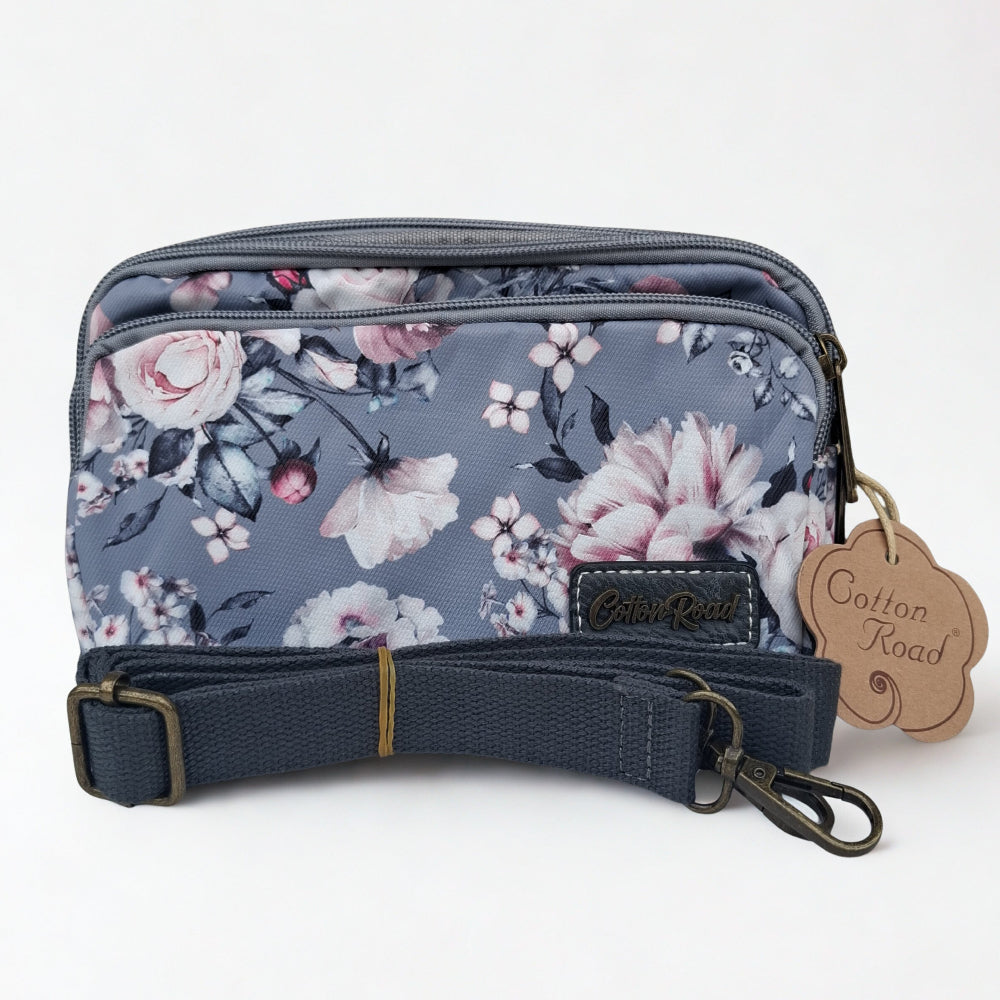 Cotton Road Sling Bag: GREY Canvas Mini Sling Bag with FLOWERS