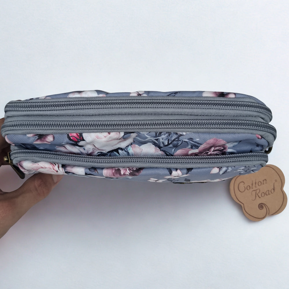 Cotton Road Sling Bag: GREY Canvas Mini Sling Bag with FLOWERS