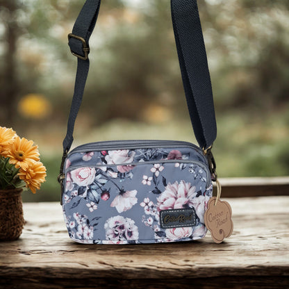 Cotton Road Sling Bag: GREY Canvas Mini Sling Bag with FLOWERS