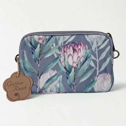 Cotton Road Sling Bag: GREY GREEN Canvas Mini Sling Bag with PROTEA