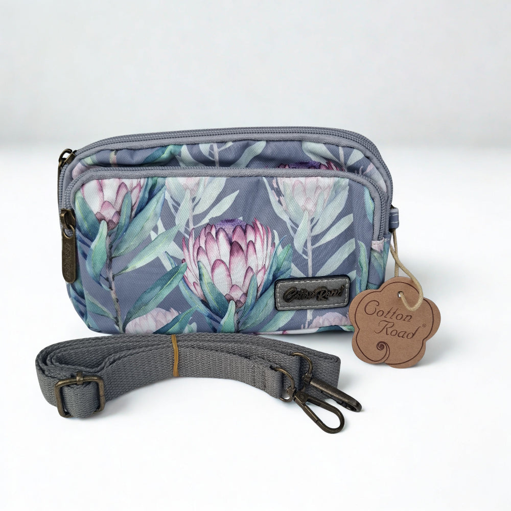 Cotton Road Sling Bag: GREY GREEN Canvas Mini Sling Bag with PROTEA