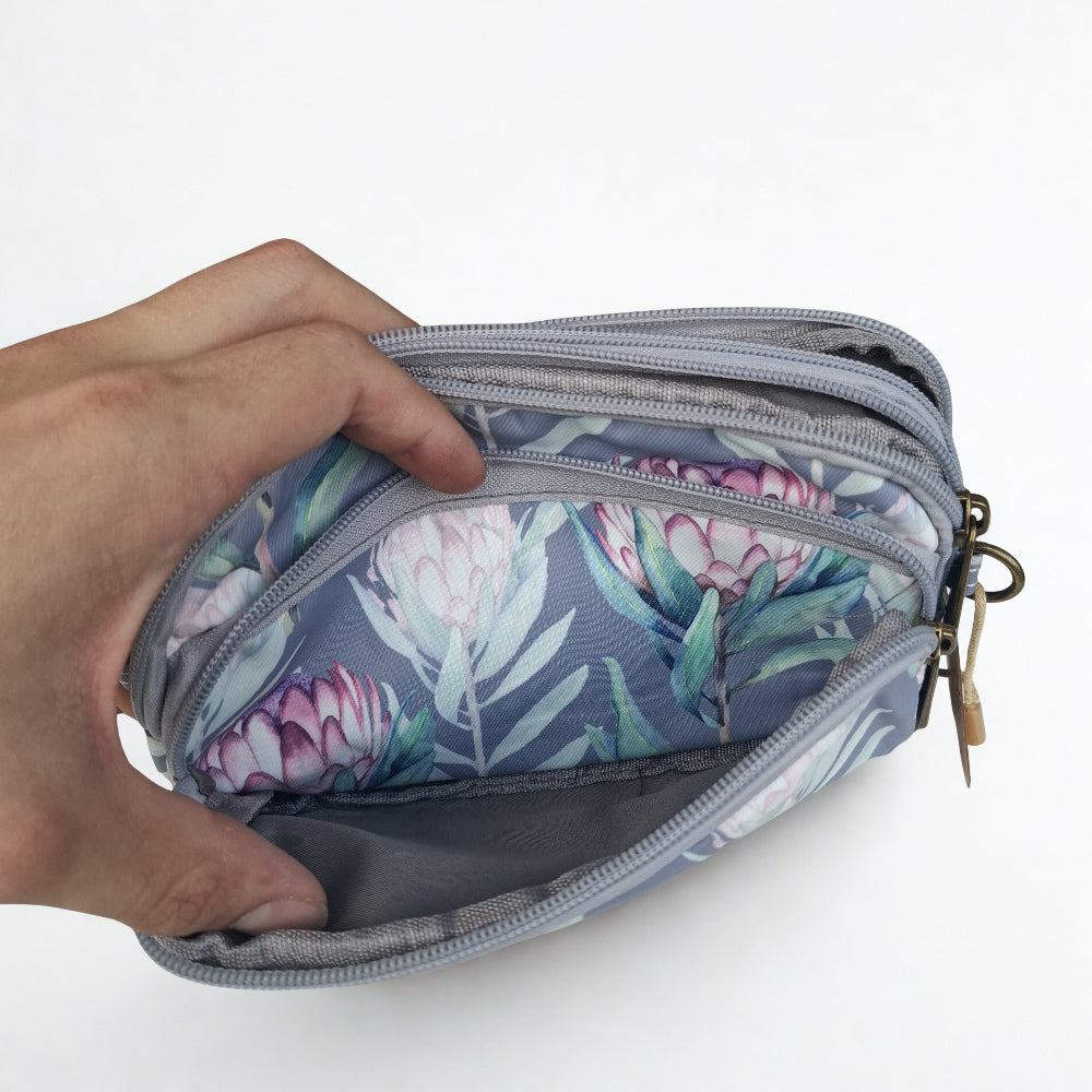 Cotton Road Sling Bag: GREY GREEN Canvas Mini Sling Bag with PROTEA