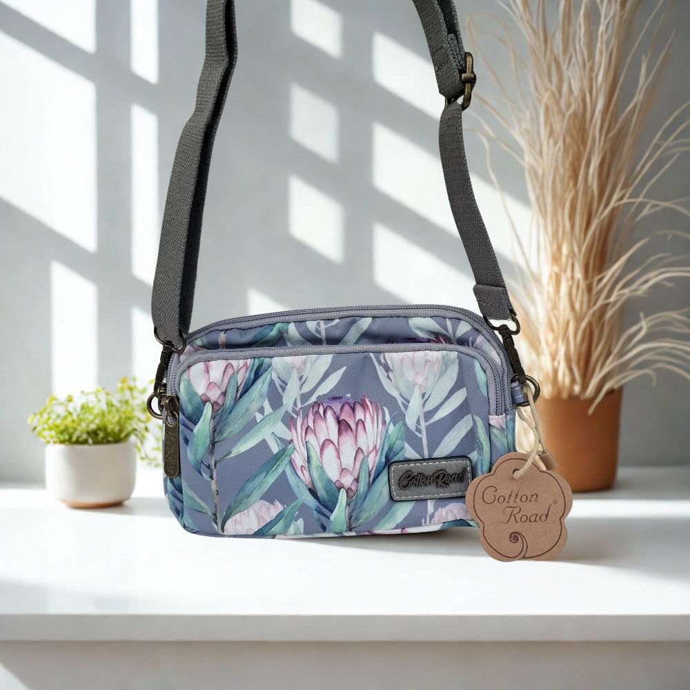 Cotton Road Sling Bag: GREY GREEN Canvas Mini Sling Bag with PROTEA
