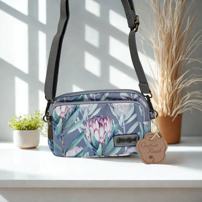Cotton Road Sling Bag: GREY GREEN Canvas Mini Sling Bag with PROTEA