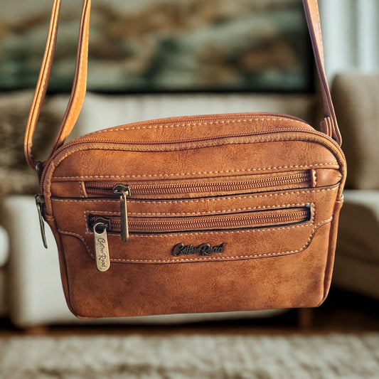 Cotton Road Sling Bag: CAMEL PU Leather Crossbody with Adjustable Strap