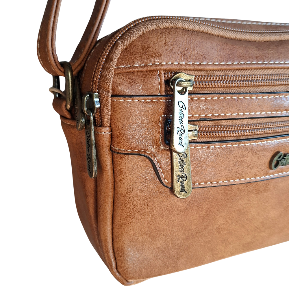 Cotton Road Sling Bag: CAMEL PU Leather Crossbody with Adjustable Strap