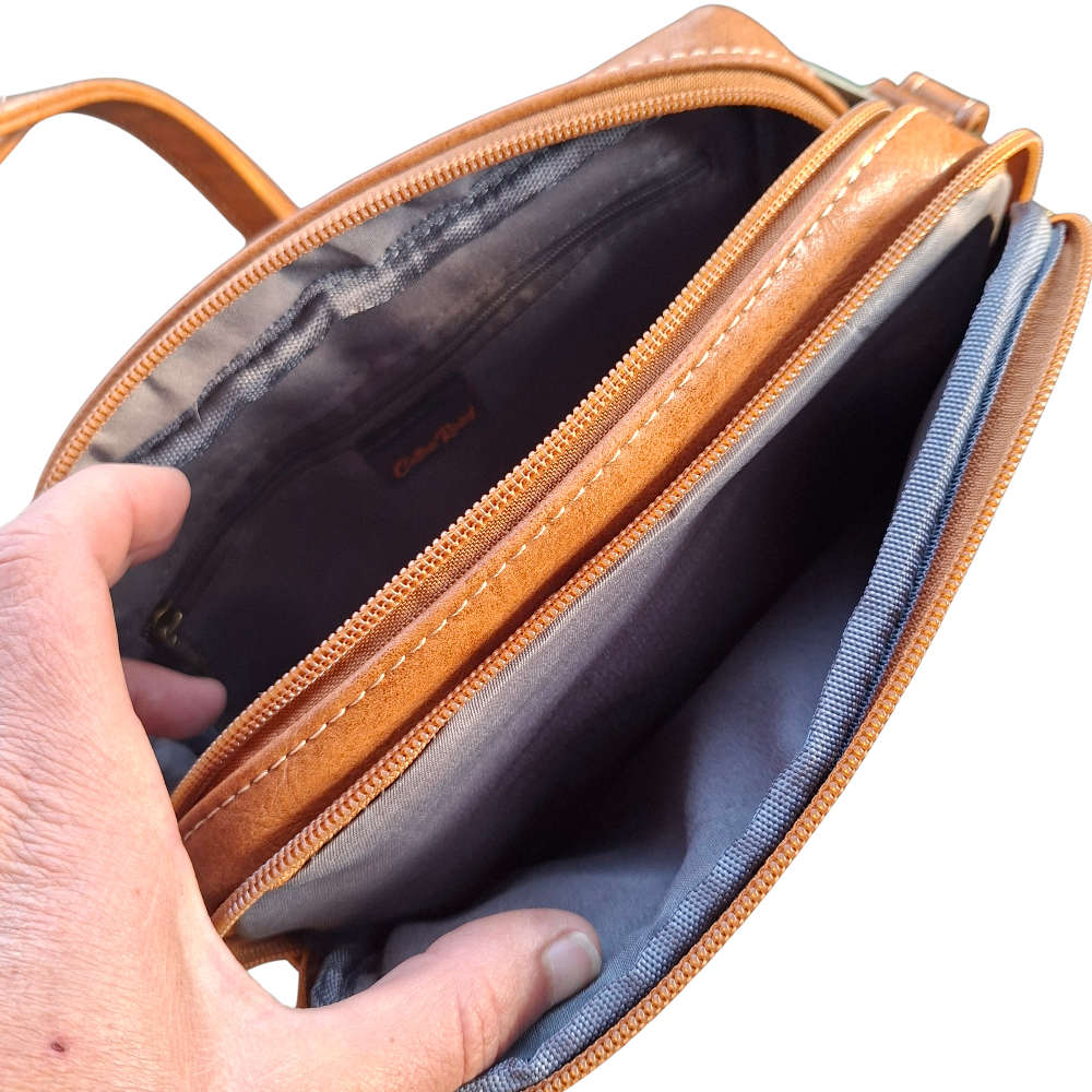Cotton Road Sling Bag: CAMEL PU Leather Crossbody with Adjustable Strap