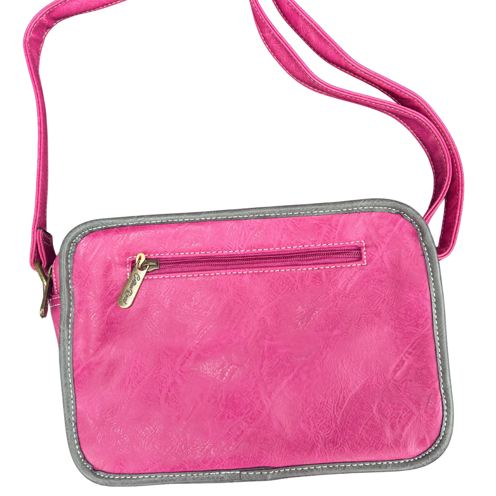 Cotton Road Sling Bag: ROSE PINK PU Leather Bag with GREY Trim and Buckle detailing BACK